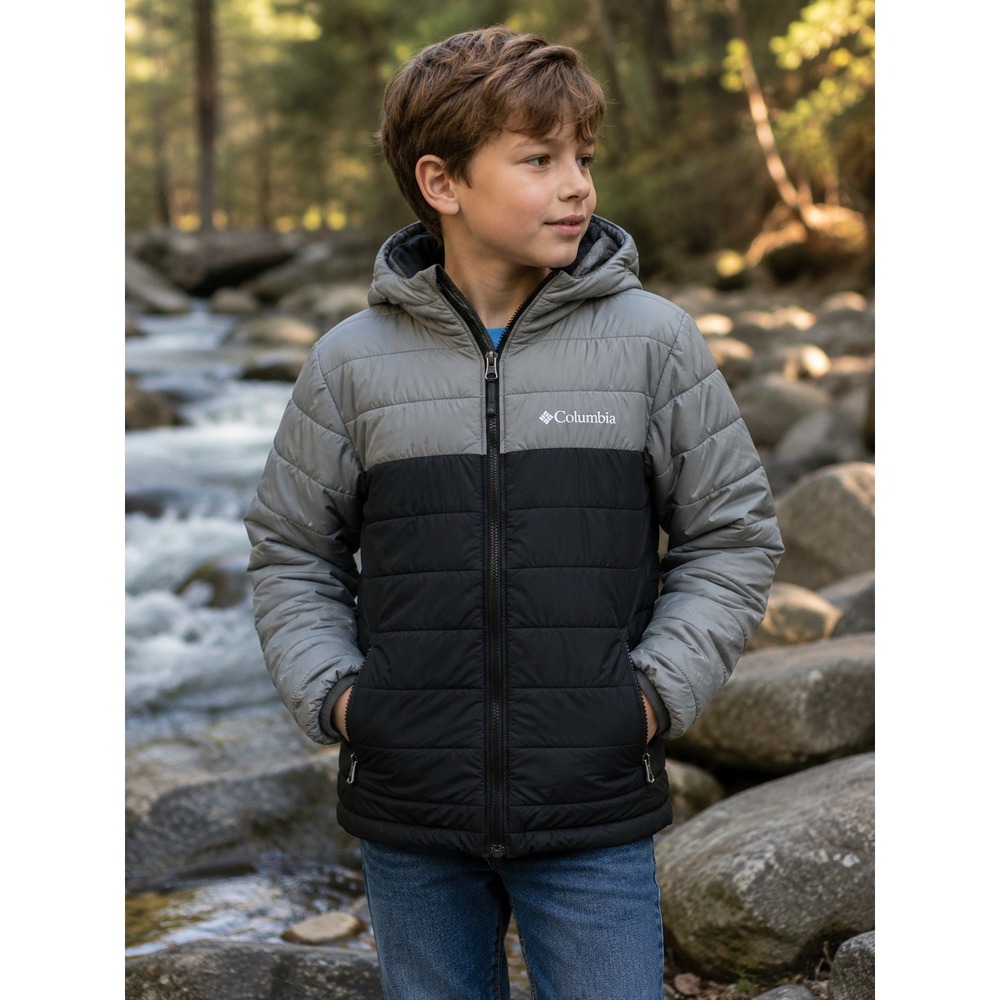 Columbia Kids Omni-Heat Puffer Jacket Gray Black Colorblock Hooded Size M